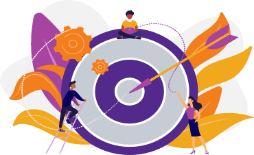 A group of people around a precision target with an arrow in the center, representing the global coverage of Namsor's tools