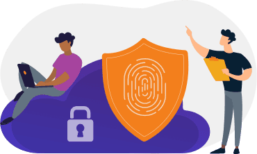 Two people interacting with a digital security shield featuring a fingerprint and lock icon, representing data privacy protection