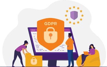 People working with secure data systems around a GDPR shield with lock icon, demonstrating compliance with data protection standards