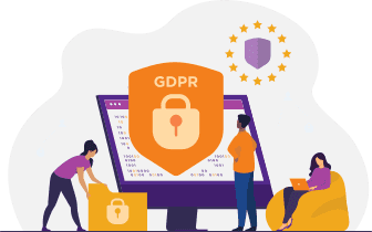 People working with secure data systems around a GDPR shield with lock icon, demonstrating compliance with data protection standards