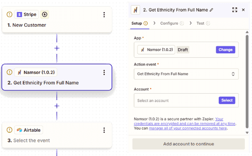 Example of a workflow integrating Namsor with Zapier.