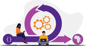 People working with computers alongside gears and a circular arrow diagram, illustrating the transparent AI process flow